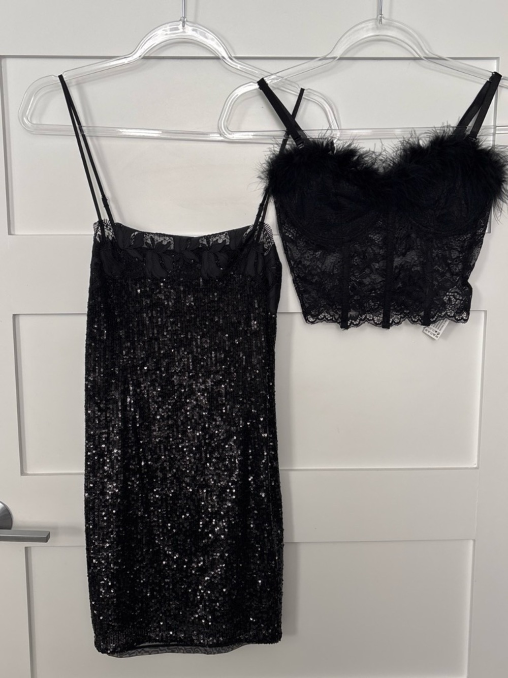 Victoria's Secret Black Sequin Slip with Lace & Feather Bralette